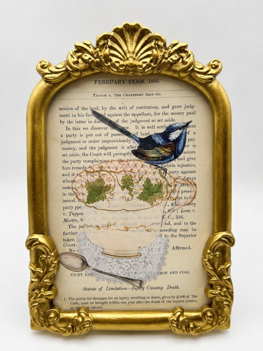 Vintage Victorian-Style Bird & Botanical Assemblage in Ornate Gold Frame